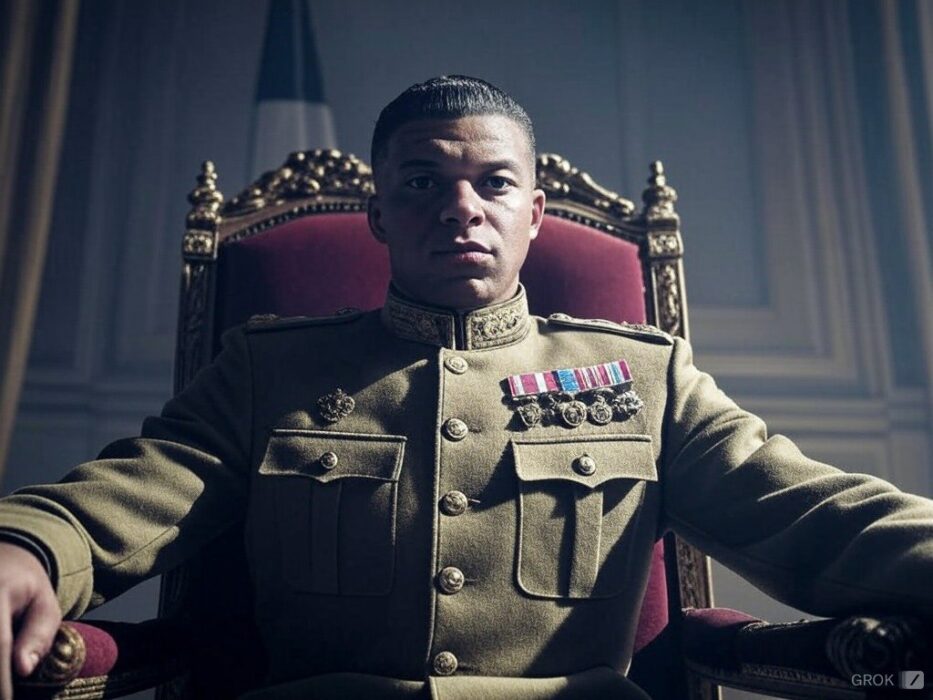 Image générée par IA de Kylian Mbappé habillé en général